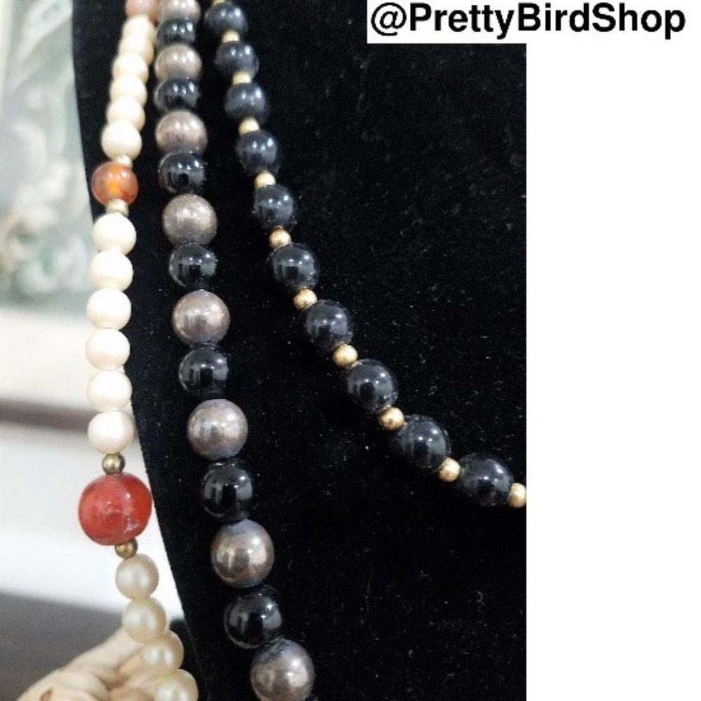 Vintage 3 NECKLACE SET stone brass VGUC - Picture 4 of 8